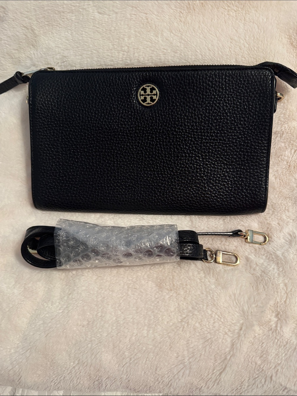 Tory Burch Black Pebbled Leather Clutch/Crossbody with Gold Logo